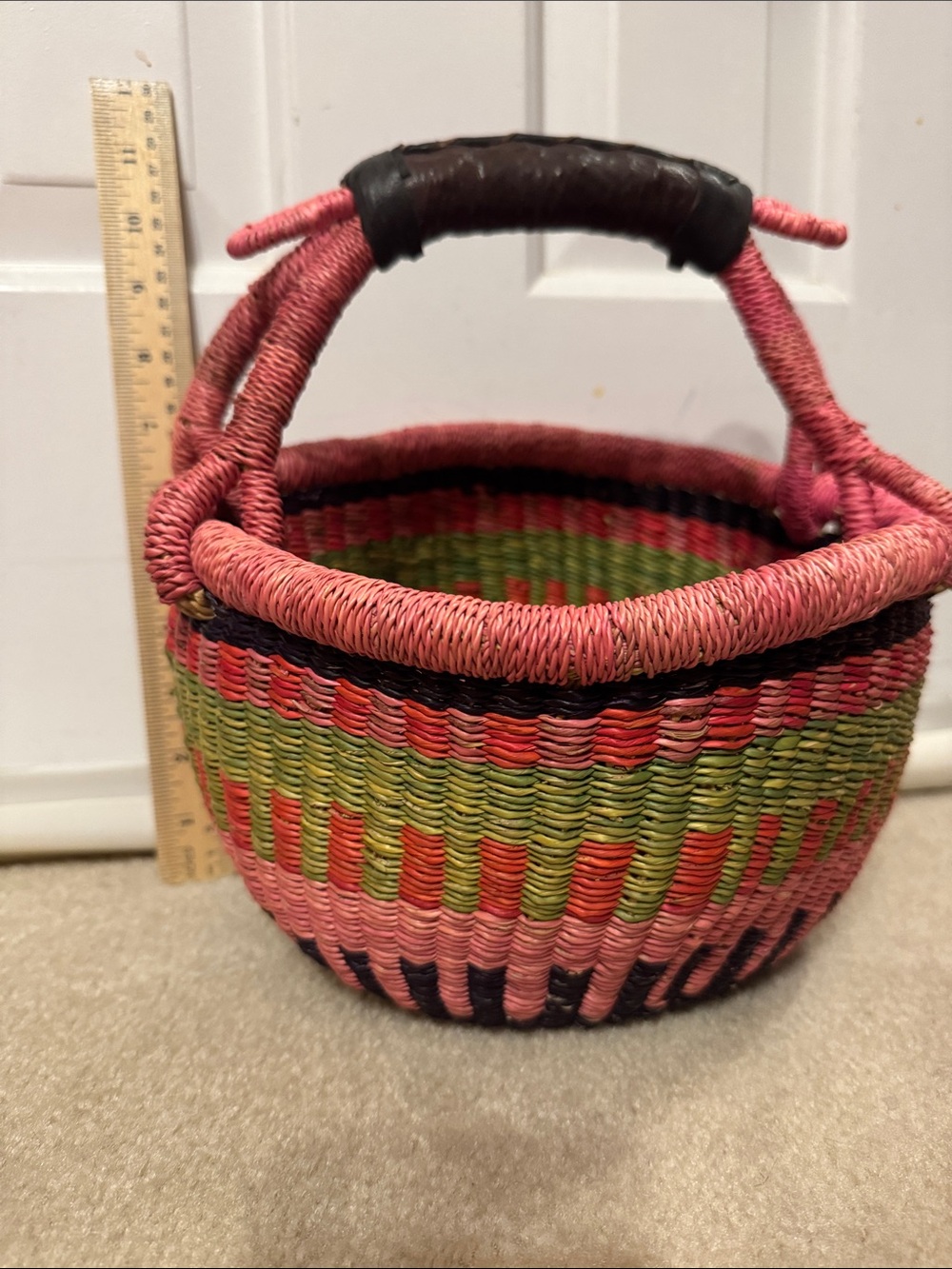 Ghanaian African Market Basket Pink, Green Black Handwoven Leather Handle